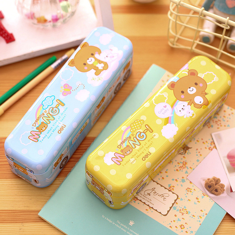 得力95559创意可爱卡通文具盒学生三层铁皮多功能铅笔盒