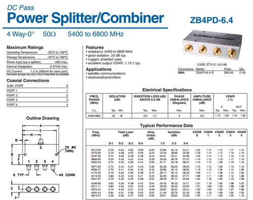 5400-6800MHz 射频微波同轴一分四功分器 代替 ZB4PD-6.4  Mini-Circuits