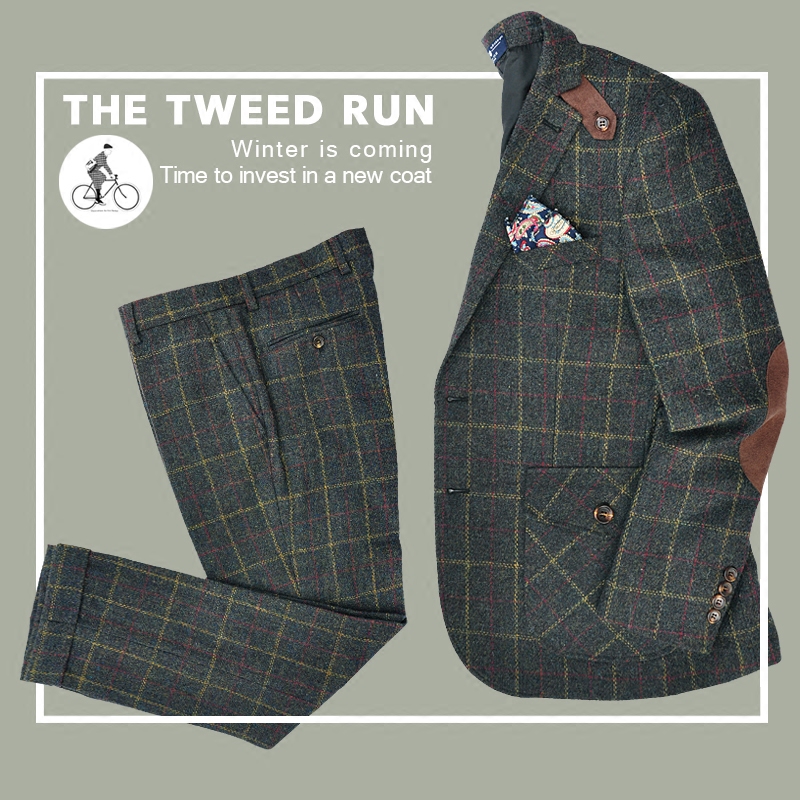 骑行tweed粗花呢墨绿格纹猎装