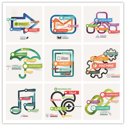 A0940矢量扁平化信息图彩色模板标签分类音符雨伞箭头 AI设计素材