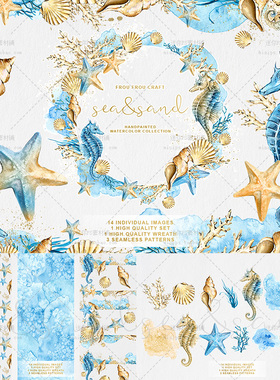 cm256海洋动物珊瑚礁海马海螺海星水草手绘水彩PNG免抠PS设计素材