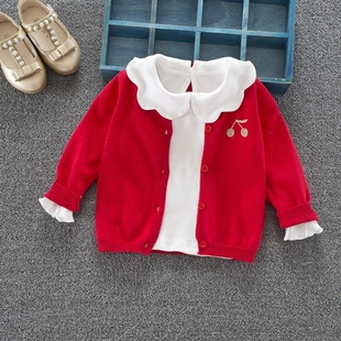 女童小童针织开衫 春装 宝宝韩版 洋气红色儿童刺绣婴儿薄款 毛衣外套