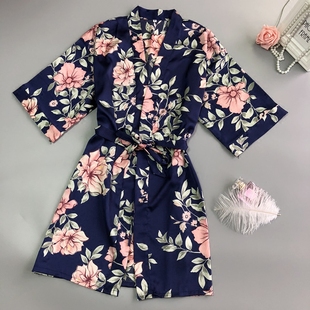 新款 薄外批浴袍晨袍 丝绸睡袍女夏性感和服式 系带冰丝印花睡衣短袖