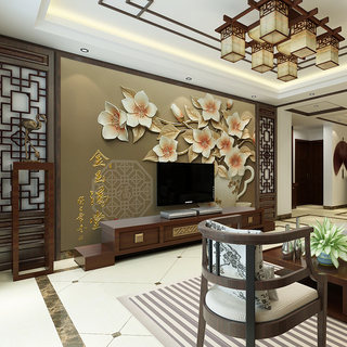 3d立体浮雕现代中式客厅电视沙发背景墙金玉满堂壁纸无缝壁画墙纸