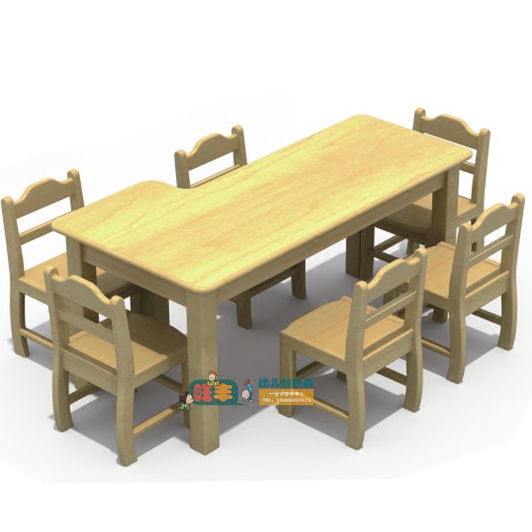 幼儿园早教儿童j型美工桌 手工桌6人学习桌原木桌儿童桌橡木桌ws