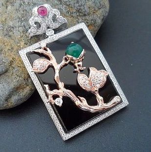 泰银 曼谷手工镀白金鎏金白晶红刚玉玛瑙好运女项吊坠5cm 925纯银