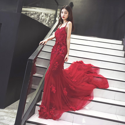 敬酒服新娘2017新款冬时尚红色回门鱼尾婚礼宴会拖尾晚礼服女长款