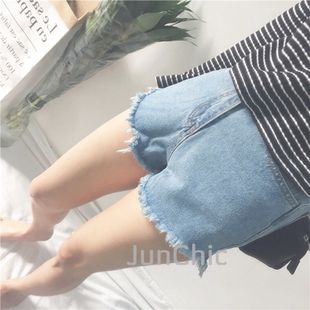春夏新款韩版牛仔短裤前短后长高腰a字毛边短裤阔腿热裤胖m学生女