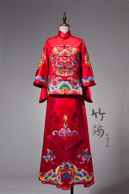 【竹筠】大红绣双凤牡丹秀禾服 中式结婚旗袍礼服套装 可定制