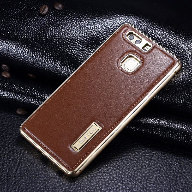 iMatch Luxury Aluminum Metal Bumper Premium Genuine Leather Back Cover Case for Huawei P9 Plus & Huawei P9