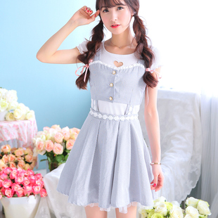 清仓特卖花炮大叔夏可爱露腰条纹连衣裙多种穿法两件式马夹+短裙