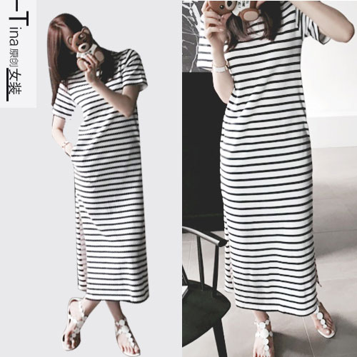 夏装新款欧美风纯棉条纹短袖连衣裙休闲宽松打底开叉长裙子显瘦女