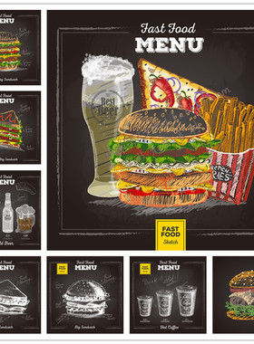A1657矢量手绘黑板粉笔风格快餐菜单海报模板汉堡咖啡 AI设计素材