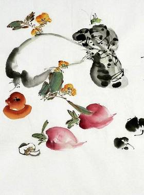 纯手绘字画餐厅装饰画大促F053010华杰三尺斗方国画蔬菜白菜蟋蟀