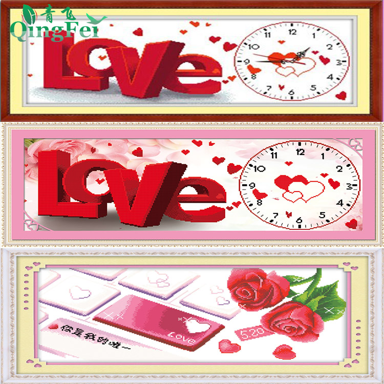 青飞精准印布十字绣喜事连连挂钟表LOVE玫瑰钟爱永恒有钻石画