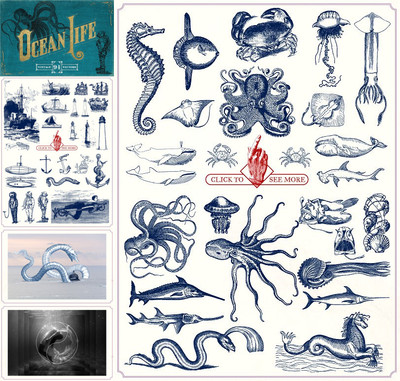 [485]94个复古海洋航海帆船海马螃蟹鲸鱼灯塔海怪 AI矢量设计素材
