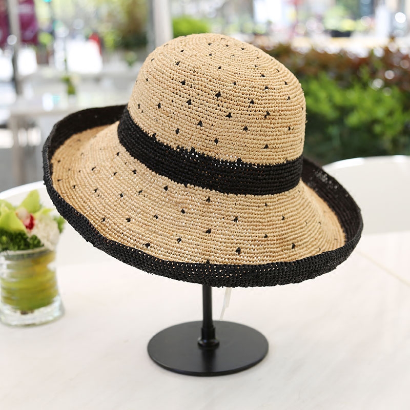 拉菲草帽女夏季韩版出游遮阳帽拼色钩针大檐沙滩帽太阳帽可折叠