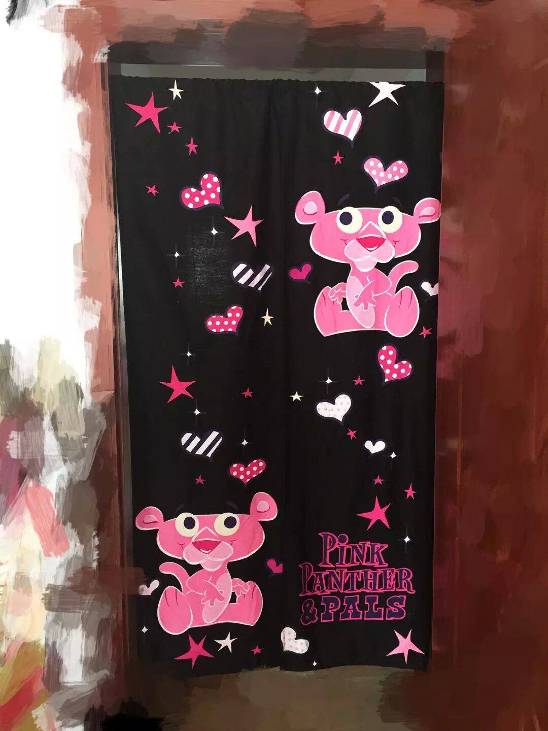 粉红豹黑色斜纹纯棉加厚对开门帘