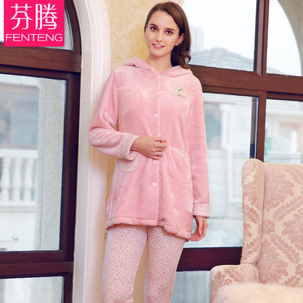 芬腾<em>2015新款</em>秋冬珊瑚绒<em>睡衣</em>女<em>加厚</em>保暖中长