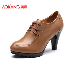 Aokang shoes autumn new style leather commuter round head and super high heel lace ankle shoes comfortable shoes