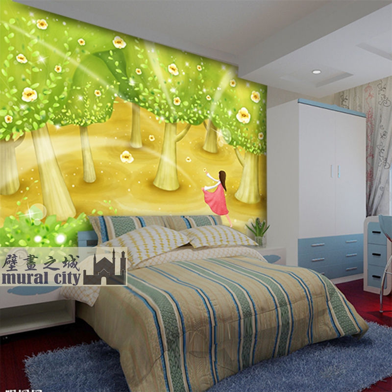 几米漫画壁纸少女森林墙纸儿童房卡通动漫画壁画电视沙发背景墙