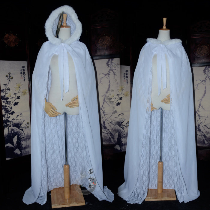 若水舫带帽毛毛披风-飘逸雪纺古装cosplay斗篷