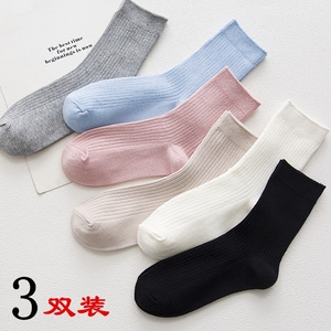 女纯棉袜子韩国春秋款中筒袜日系女袜黑白色棉袜运动长袜子3双装