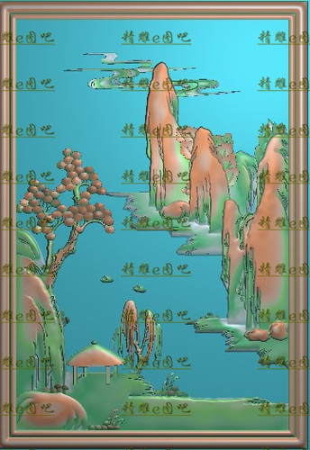 高清设计素材精雕图jdp灰度bmp精品1山水背板205x296新款松树房子