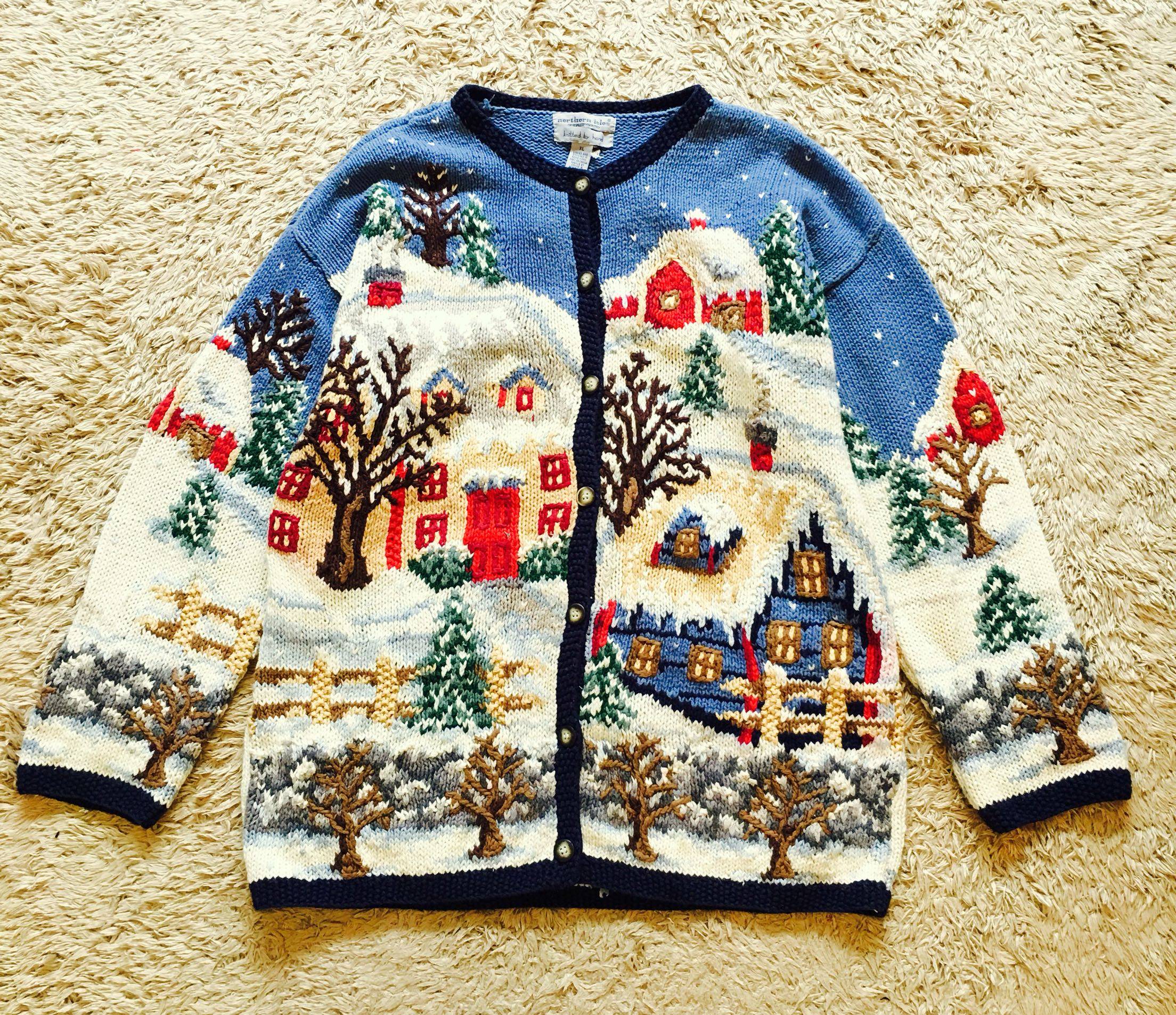 美国购回精品  趣味重磅超美油画色彩圣诞雪景 纯手工孤品毛衣