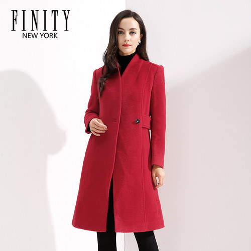 FINITY女装冬装中长款羊毛外套 优雅长袖立领毛呢大衣