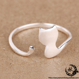 新款时尚喵星人 925纯银戒指 女猫咪开口戒指 食指指环细款尾戒
