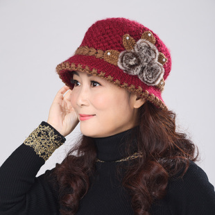 老人帽子女冬天保暖针织帽女毛线帽加厚加绒中老年人奶奶花朵盆帽