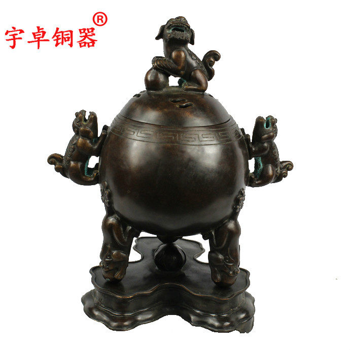 宇卓铜器 纯铜香炉黄铜香炉六只狮子熏香炉工艺品摆件紫铜色香炉
