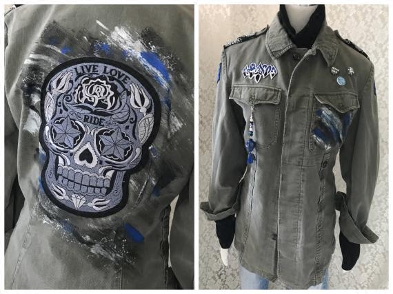 Jacket㊣德国代购 手作时尚骷髅补丁装饰中长款牛仔衣胸口袋夹克