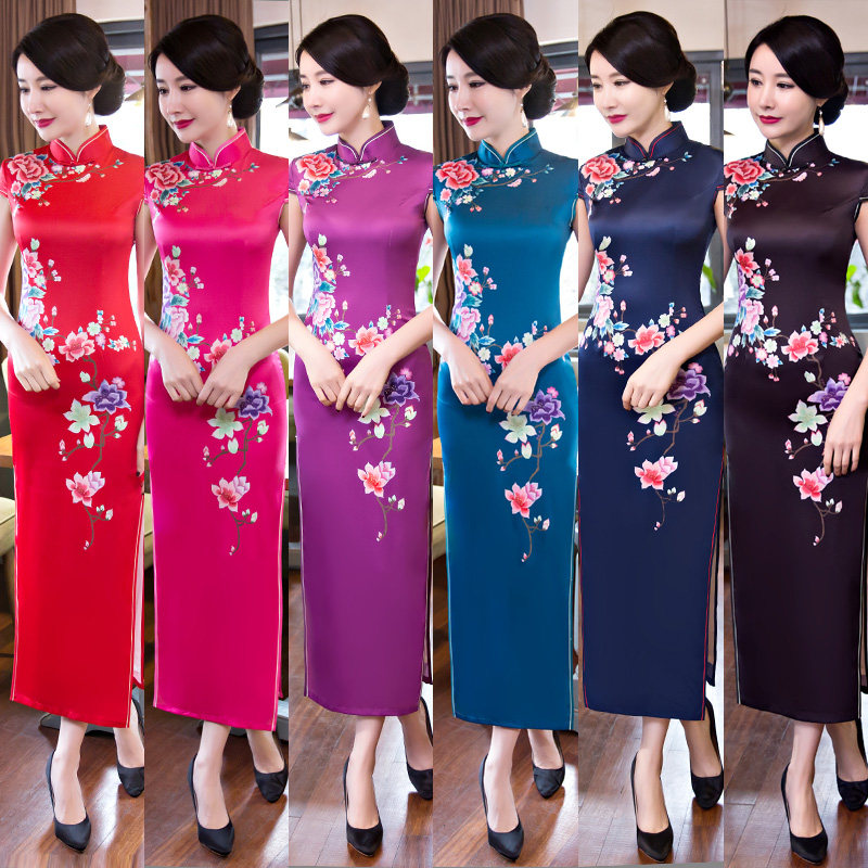 新款夏秋装 改良修身显瘦真丝旗袍中长款 优雅少女演出连衣裙大码