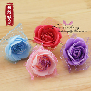DIY手工发饰材料头花假花手工玫瑰花彩色闪粉花骨朵仿真花手捧花