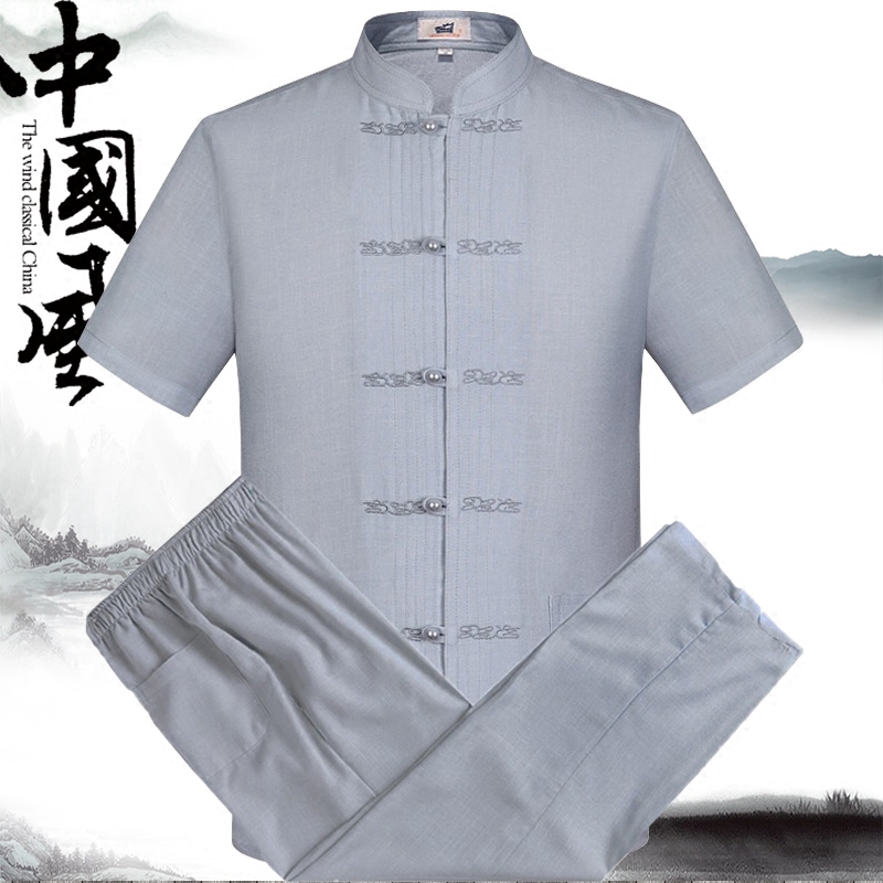 亚麻中老年人男士唐装套装棉麻父亲爷爷立领短袖衬衫爸爸夏太极服