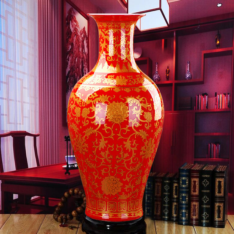 景德镇陶瓷器落地大花瓶 中国红描金花瓶 结婚礼品 新房装饰摆件