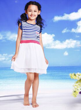 芬腾睡衣女童夏季针织纯棉条纹可爱小公主休闲家居服睡裙130788
