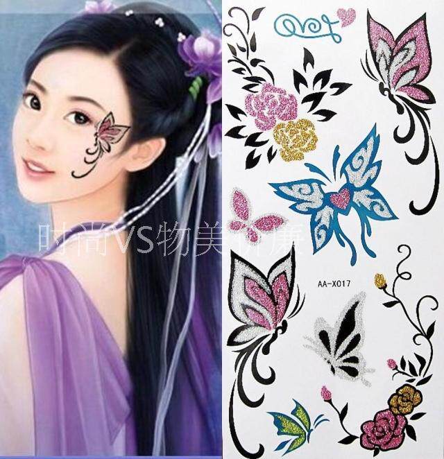 纹身贴纸闪粉亮粉防水女款纹身贴蝴蝶花朵图腾一次性环保满18包邮