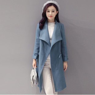 2025新款毛呢风衣收腰外套女中长款修身系带潮韩版荷叶领