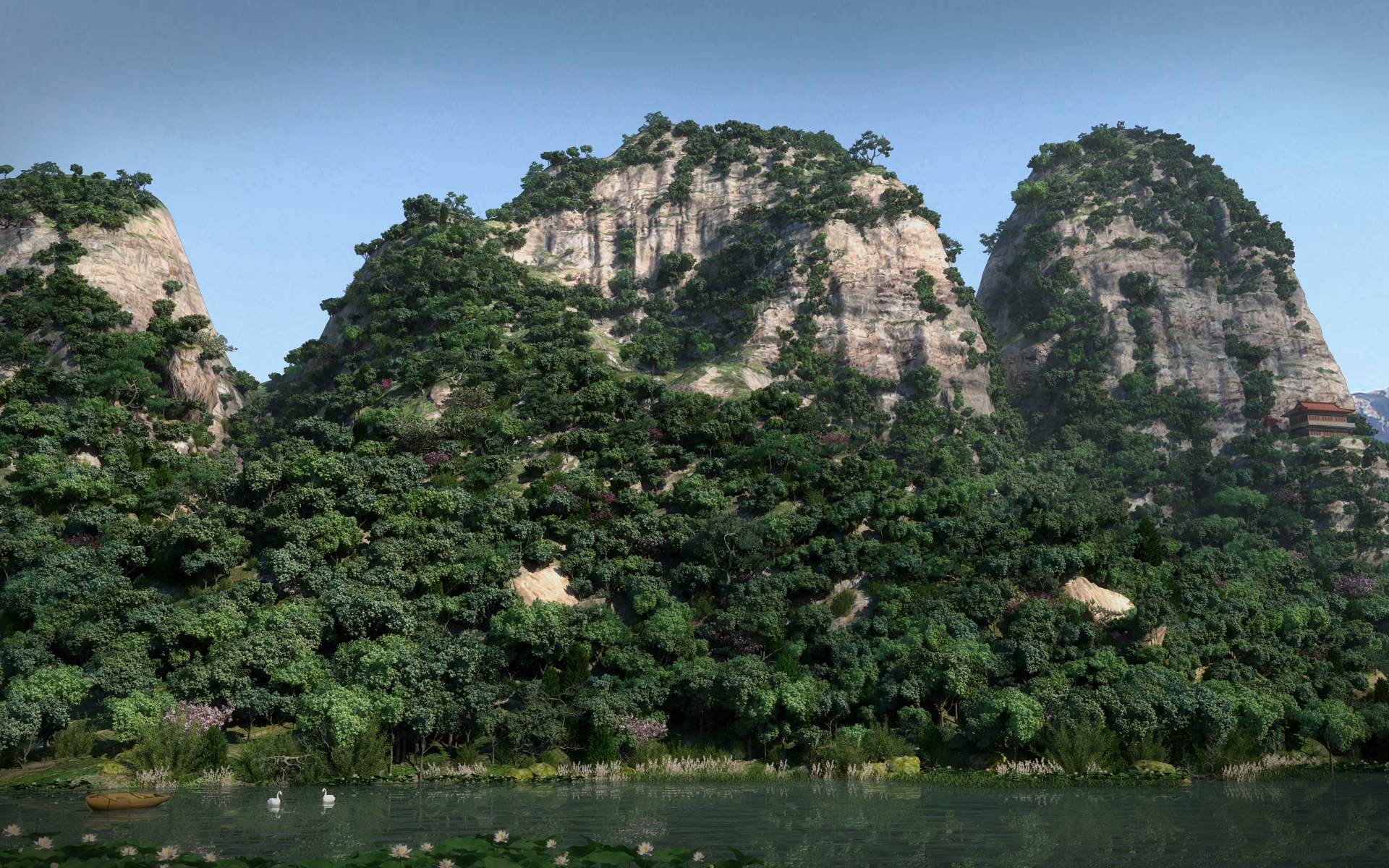 山水风光3dsmax场景动画/大山深处池塘风景3d场景/青山绿水天鹅