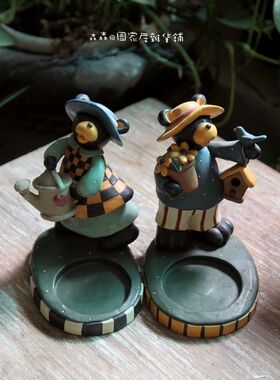 小熊古董彩绘乡村风烛台家居装饰