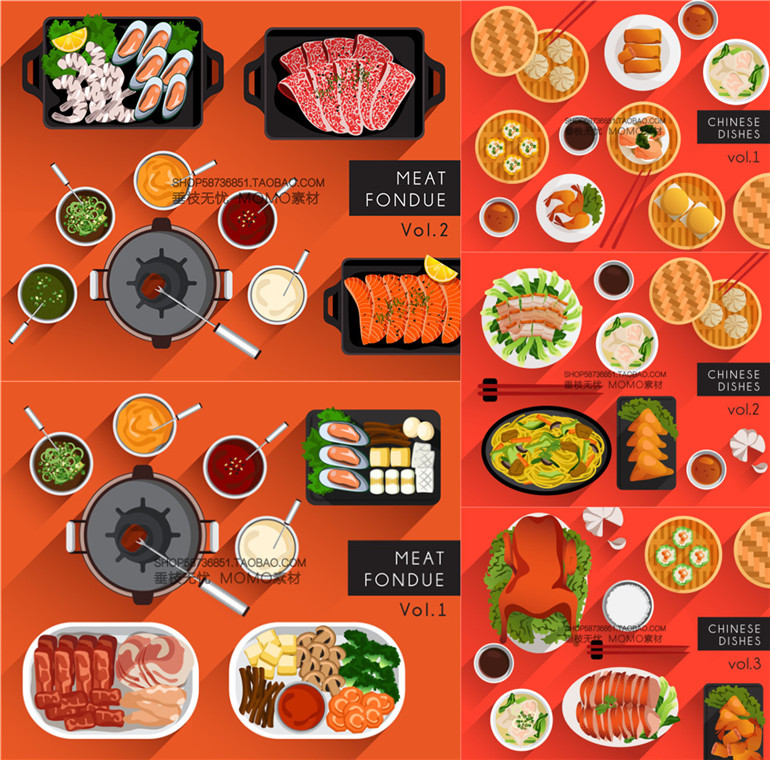 A3109矢量中国菜火锅海报牛肉三文鱼包子点心涮羊肉 AI设计素材