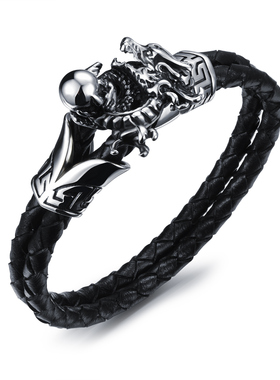 复古风黑色牛皮龙头钛钢手饰品
