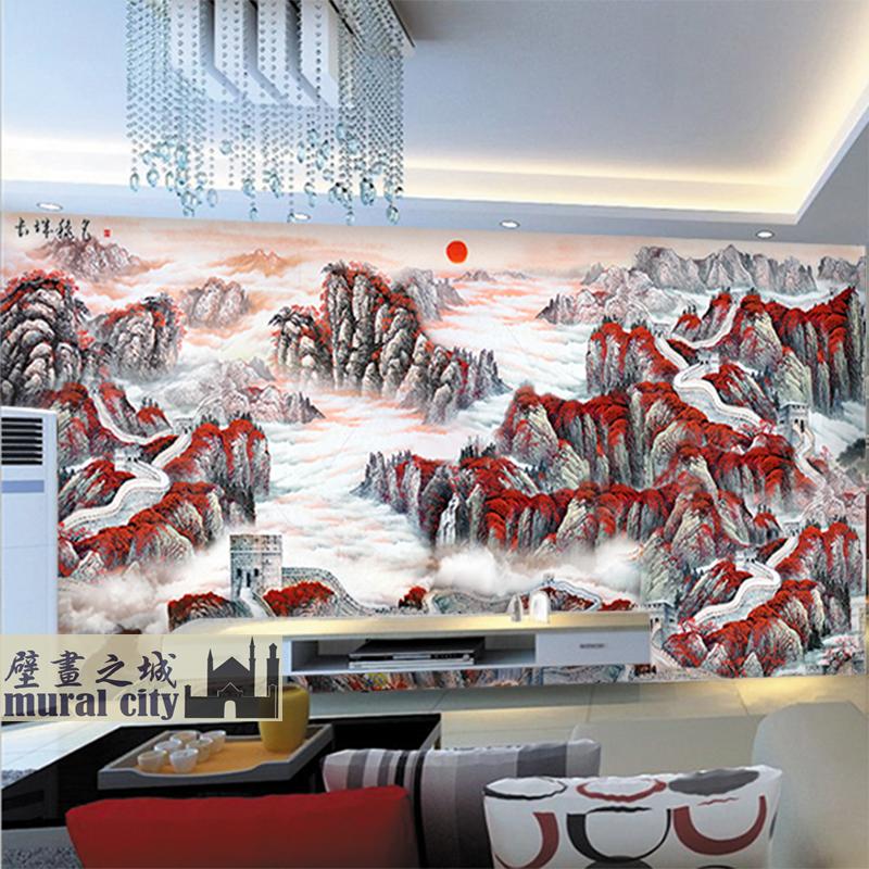万里长城国画墙纸枫树红叶群山日出旭日东升壁纸大型壁画背景墙