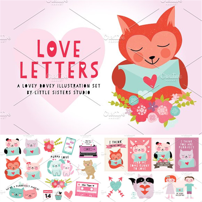 [464]可爱动物情书狐狸熊猫兔子插画含PNG格式 AI矢量设计素材