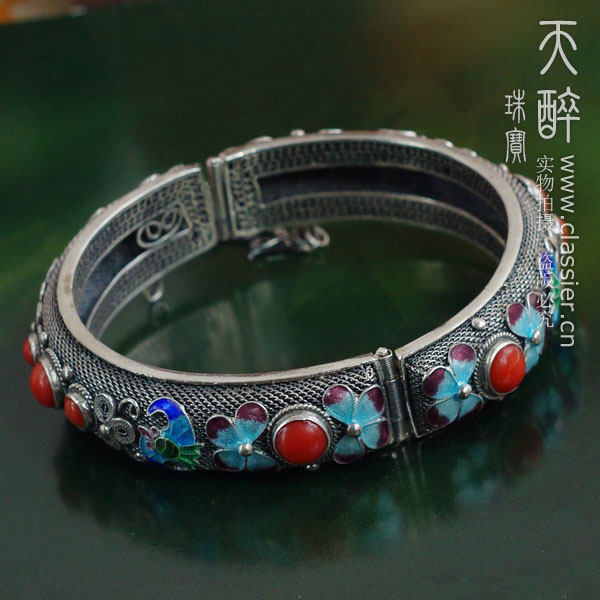 天醉复古925纯银手工掐丝珐琅花丝镶嵌老银手镯外贸古董首饰 时光