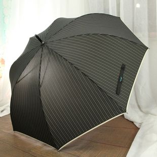 2015新简约竖条纹男士 商务弯钩木柄长柄全纤维防风半自动超大雨伞