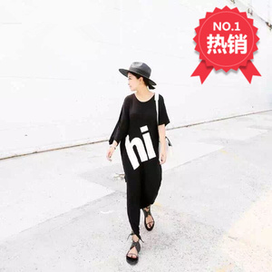 圆领针织纯色休闲宽松版字母Hi印花长款不对称T恤长裙懒人连衣裙